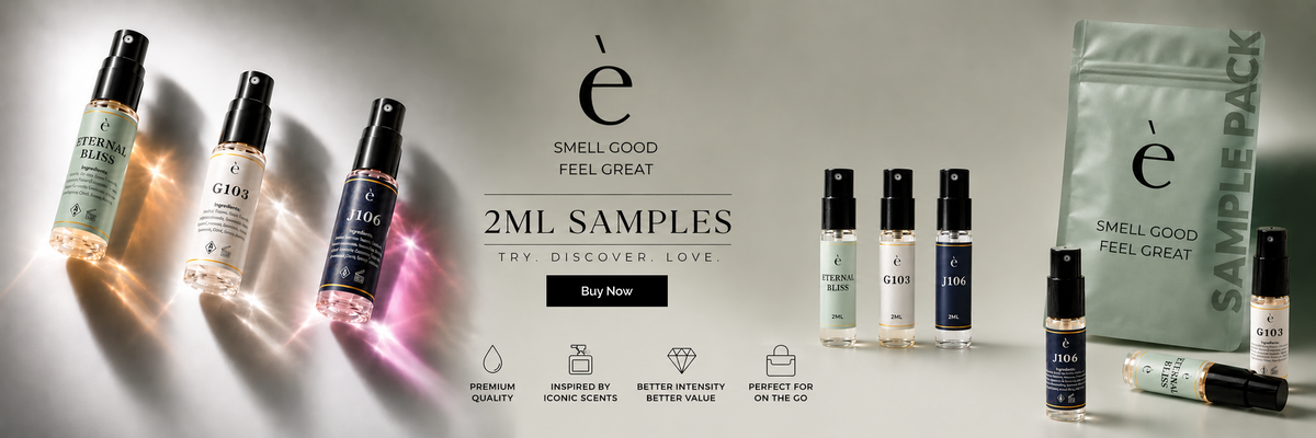 ESNC Perfumery wide banner showcasing 2ml sample perfume vials including Eternal Bliss, G103, and J106 with a branded sample pack pouch