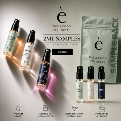 ESNC Perfumery 2ml fragrance sample pack promotional banner featuring spray vials for Eternal Bliss, G103, and J106.